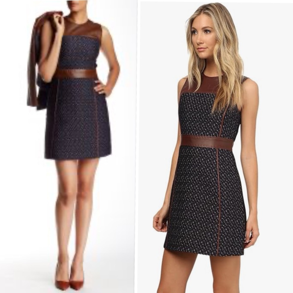 Theory Calvino W. Heighten Mixed Media Tweed & Leather Sheath A Line Dress Sz 4